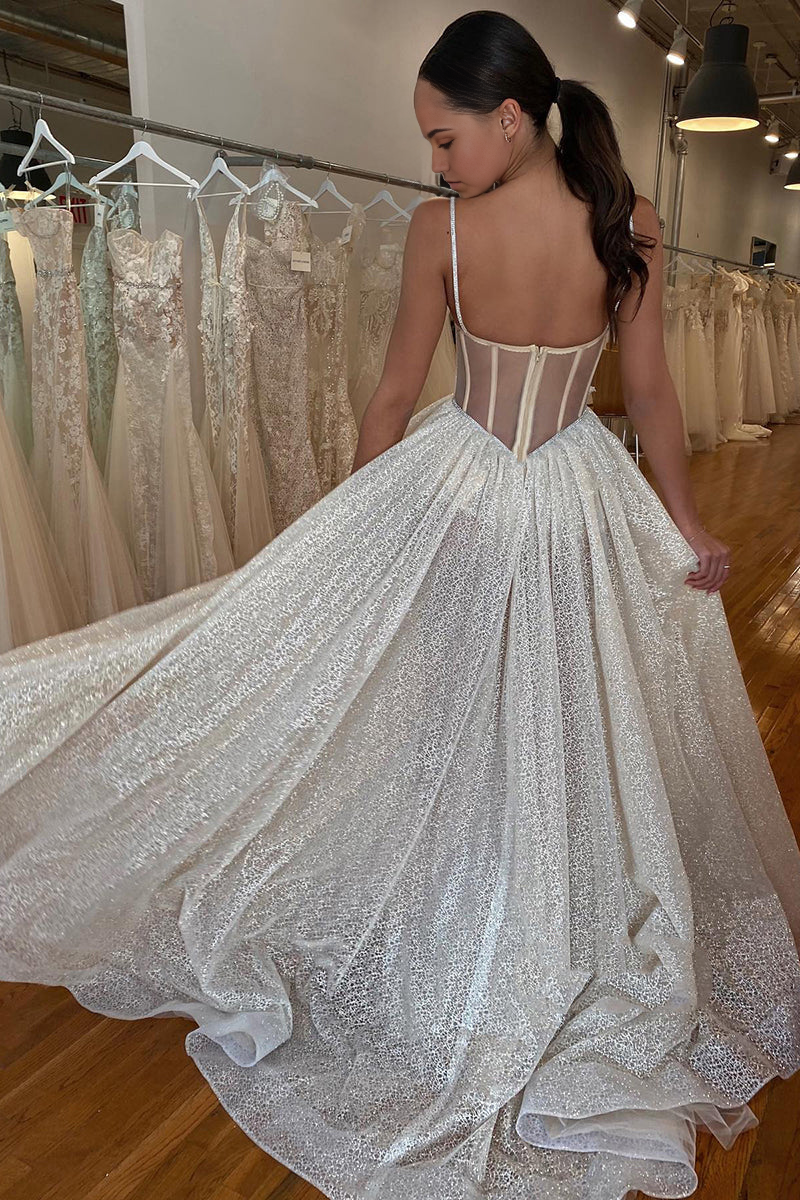 Wholesa A-Line Spaghetti Straps Lace Appliques Sparkly Wedding Dress